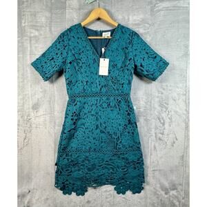 Adelyn Rae Teal Guipure Lace Midi Short Sleeve Dress W Sz Small Anthropology